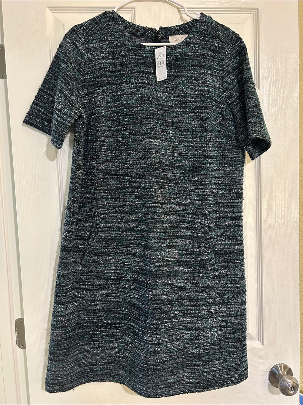 LOFT short Sleeve Tweed Shift Dress in Teal/Black, NWT